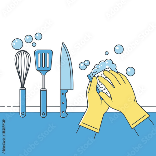 Illustrated Kitchen Cleaning Scene Depicting Cleanliness and Culinary Tools on Display