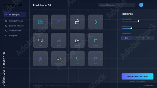 A user interacts with an icon library interface that displays different symbols related to business, design, and communication. The layout supports various file formats for download.