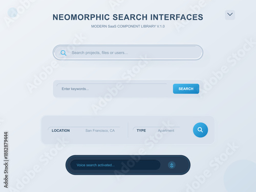 The design displays a search interface with fields for searching projects, files, and users. It includes options for location and type, highlighting voice search activation.
