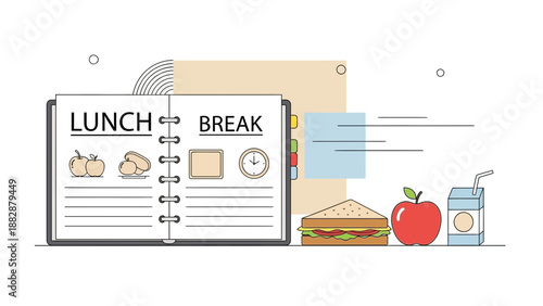 Illustrated Lunch Break Composition with Notepad, Food, and Refreshments in Vector Style