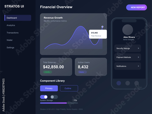A digital dashboard displays financial metrics including revenue growth, total balance, and active users. Various sections help users track performance and settings.