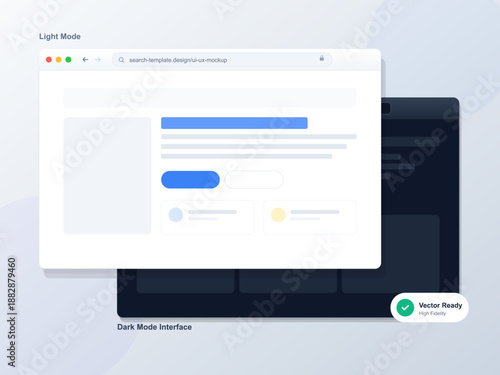 A display shows two different user interface designs for a web application. One side features light mode, and the other side shows dark mode. Both designs include basic layout elements.