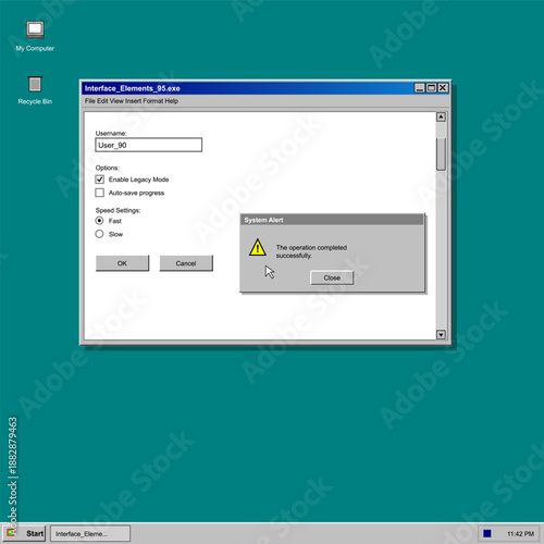A computer screen displays a user login prompt with fields for username and options for settings. A system alert shows a message about operation completion late at night.