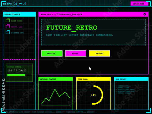 A computer screen shows a digital interface with various stats. It includes network traffic graphs, core load data, and buttons labeled execute, abort, and reload.