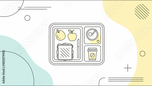 Illustrated Lunch Tray Featuring Sandwich, Fruits, And Coffee Cup In Modern Graphic Style