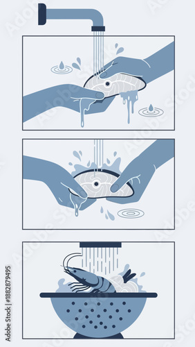 Illustrated Culinary Sequence Depicting Seafood Preparation in Clean And Sanitary Method