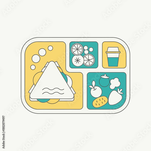 Illustrated Lunch Tray Featuring Sandwich, Fruits, and Beverage, Flat Design Style, Isolated