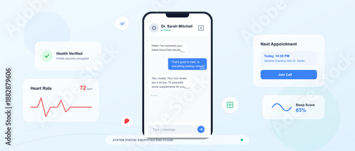 A doctor reviews a patient's health data on a mobile device. The screen shows heart rate, sleep score, and upcoming appointment information to support patient care.