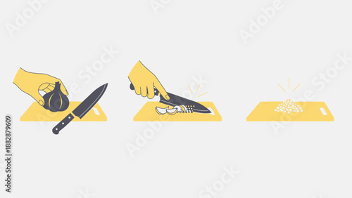 Illustrated Culinary Steps Showing How to Chop Garlic on a Cutting Board Preparation