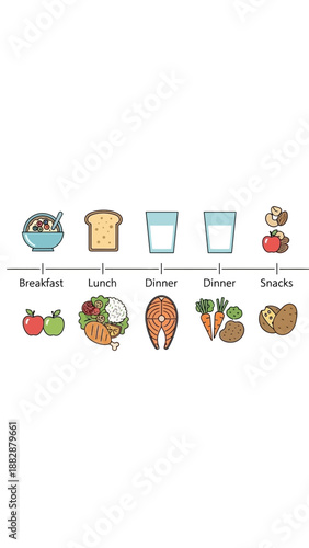 Illustrated Nutritional Guide Depicting Daily Meal Plan With Healthy Food Options And Hydration