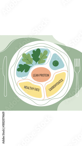 Illustrated Nutritional Plate: Balanced Meal Design for Healthy Eating and Dietary Guidance