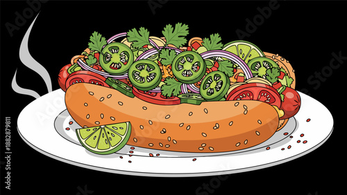 Delicious Hot Dog Vector Illustration with Fresh Toppings and Lime on a Plate