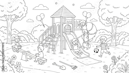 a detailed black and white drawing depicting children playing on a playground with trees slides and other equipment