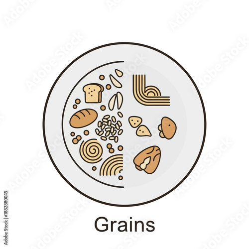 Illustrated Grain Plate: Dietary Guide Depicting Bread, Pasta, Nuts, and Cereal in Organized