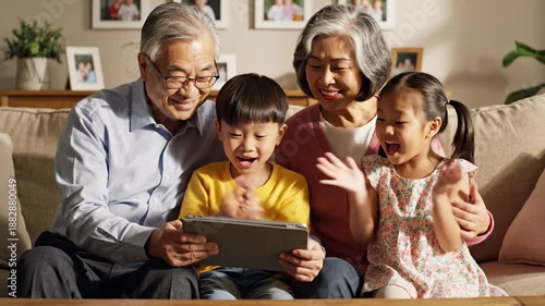 Family Bonding - Grandparents and Grandkids Enjoying Tablet Time Together.