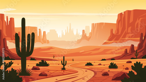 Vibrant Desert Landscape Vector Illustration with Cacti and Mesas, Evoking a Sense of Adventure and Exploration
