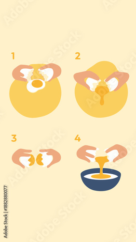 Illustrated Steps of Egg Cracking and Separating for Culinary and Cooking Purposes