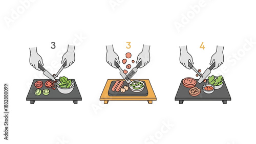 Illustrated Steps Showing Food Preparation for a Simple Delicious Meal