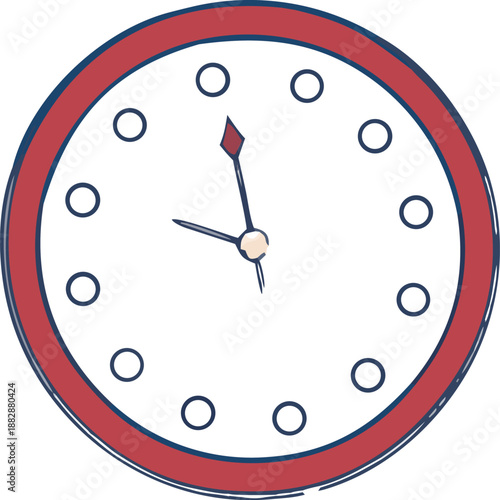 Classic red and white analog clock showing time Vector