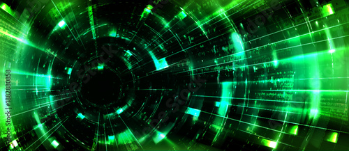 Tech background with neon green light tunnel. Vector realistic illustration of abstract texture inside glass tube portal, futuristic space teleport perspective, modern technology presentation template