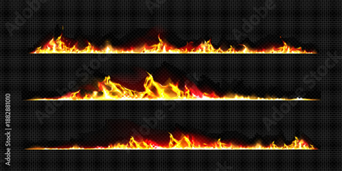 Burning edge set with fire and smoke isolated on transparent background. Vector realistic illustration of burnt border lines with hot orange flames, smoldering paper sheet, fireplace design element