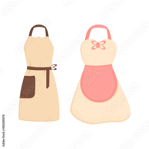 Kitchen Apron Illustration Set with Male and Female Design, Soft Fabric Texture, Pocket and Ribbon Detail Isolated on White Background for Cooking, Baking and Home Kitchen Concept