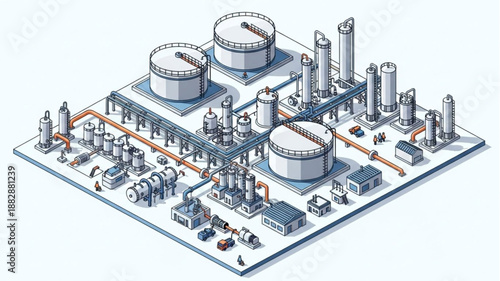 Industrial Oil Refinery Plant Complex Isometric Illustration.