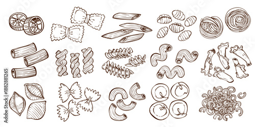 Doodle pasta set of different shapes isolated on white background. Vector illustration of black line spaghetti noodles, tagliatelle, fusilli, linguine, farfalle, ravioli, traditional Italian food