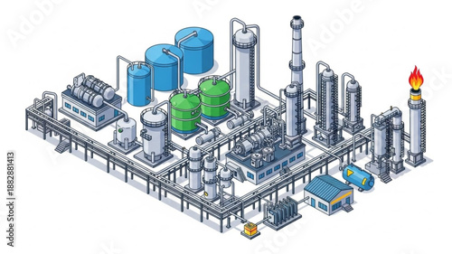 Industrial Oil Refinery Plant Complex Isometric Illustration.