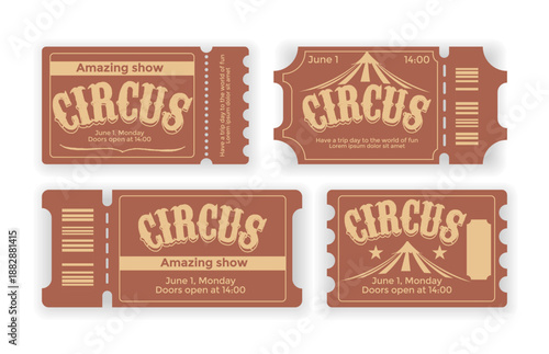 Circus show tickets set isolated on white background. Vector cartoon illustration of vintage coupon template with circus tent and retro style text, admission to funfair or entertainment festival