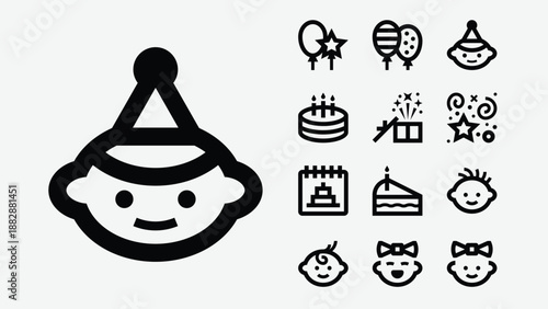 Baby birthday party and celebration icons set