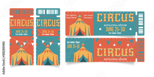 Circus show tickets set isolated on white background. Vector cartoon illustration of vintage coupon template with circus tent and retro style text, admission to funfair or entertainment festival