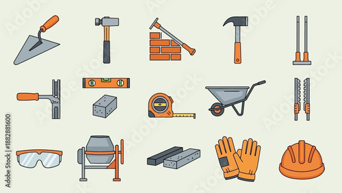 Set of various construction tools and safety equipment icons.
