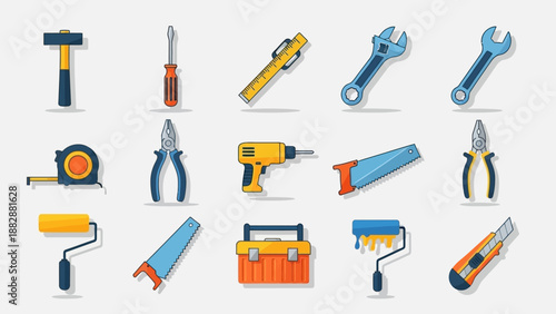 Collection of various hand tools and construction equipment icons.