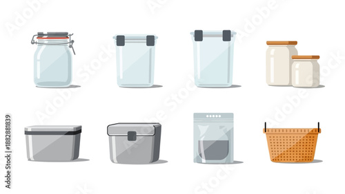 A collection of various food storage containers for kitchen organization.