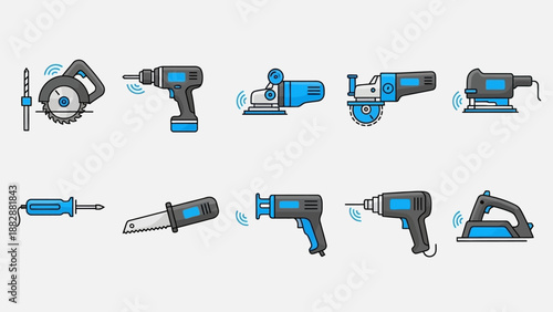 Collection of modern power tools with blue accents and wireless signals