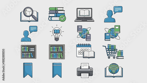 A collection of digital education and online learning icons related to books and knowledge.
