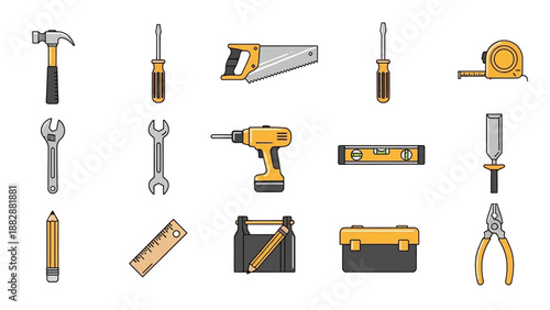 Illustrated set of various hand tools for DIY and home improvement projects.