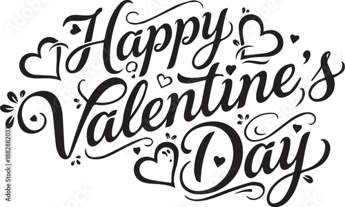 Black and white vector illustration of “Happy Valentine’s Day” in elegant cursive script with heart flourishes