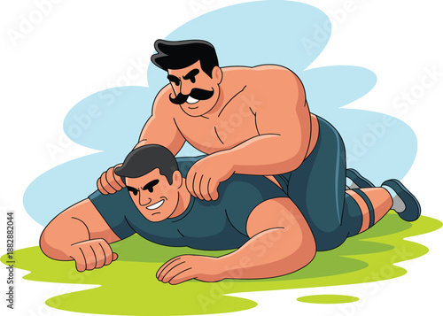 Strong cartoon wrestlers competing in traditional wrestling match, powerful vector illustration for sports concept, strength training, combat sport, competition, and athletic lifestyle theme