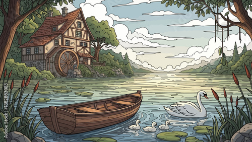 a charming cottage nestled beside a tranquil lake with a swan boat and watermill in a picturesque scene