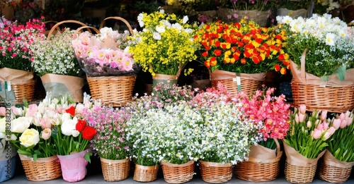 Wallpaper Mural Colorful flower arrangements displayed within woven baskets. Vibrant blooms create cheerful market scene. Freshness evident. Torontodigital.ca