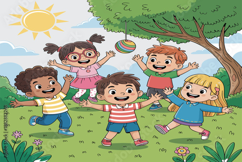 Cute cartoon children playing happily in park under sunny sky, colorful vector illustration for kids outdoor fun, friendship, teamwork, and joyful childhood activity concept