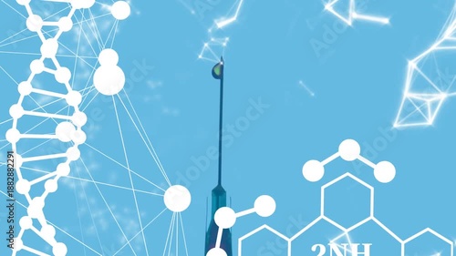 Animation of dna, molecules and connections over syringe and blue background
