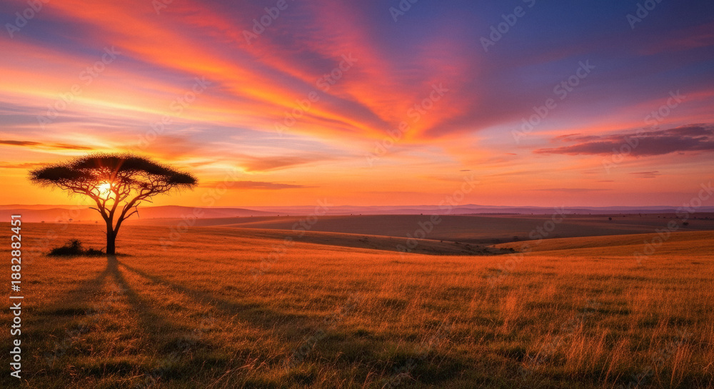 Obraz premium Lone acacia tree silhouetted against a vibrant African savannah sunset, capturing the beauty of nature and tranquil calm.