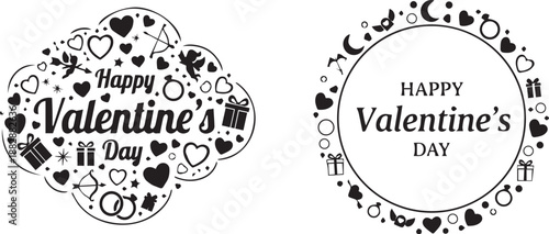 Black and white vector set of two circular Valentine’s Day designs with icons and festive love-themed text