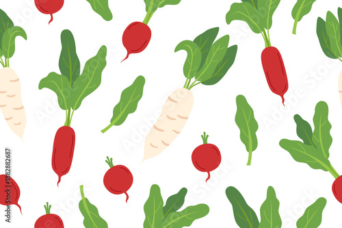 Radish vegetable seamless pattern. Nature background of radish isolated on white. Gardening, farming and food concept. Vector flat banner.