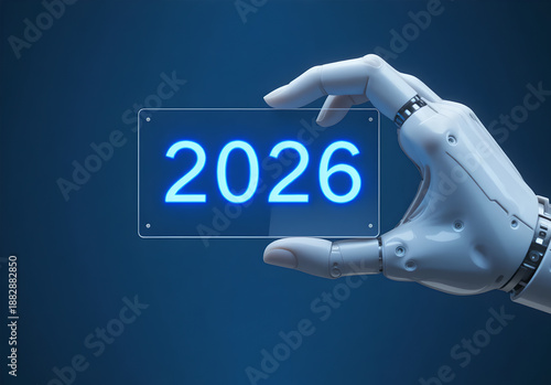Close-up of robotic hand holding clear glass panel with glowing 2026 text