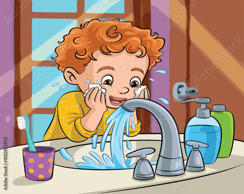 Cute cartoon child washing face at bathroom sink, colorful vector illustration for kids hygiene education, daily routine, cleanliness, and healthy habit concept