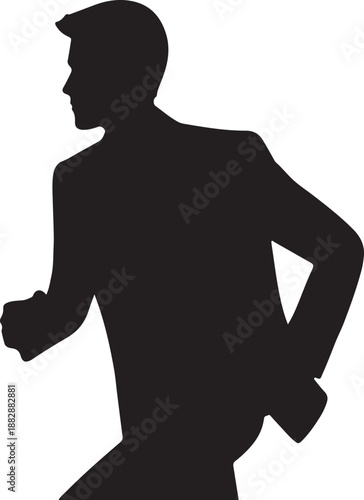 Black silhouette of a professional man in a suit, captured in a dynamic pose, possibly running or walking quickly, symbolizing an active employee.